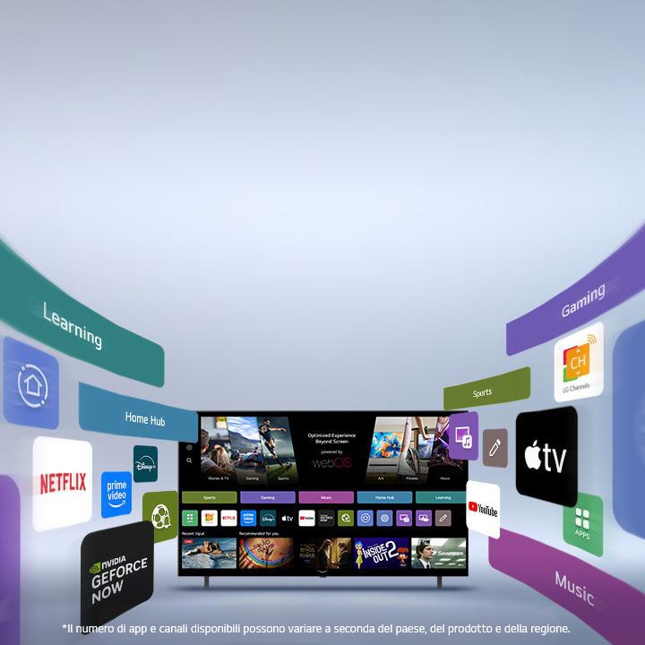 La Smart TV di LG mostra l’home screen di webOS con le app di intrattenimento e gli elementi dell’interfaccia cliente di LG Channels che si espandono verso l’esterno in modo dinamico, evidenziando app e canali globali.