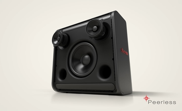 Vista interna di xboom Stage 301 con il woofer e i midrange che si muovono in avanti e vibrano ritmicamente.