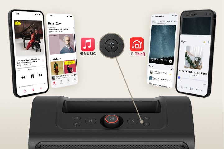 xboom Grab al centro di una scena in cui a sinistra c'è uno smartphone con Apple Music e a destra uno con LG ThinQ. Il tasto col cuore è evidenziato.