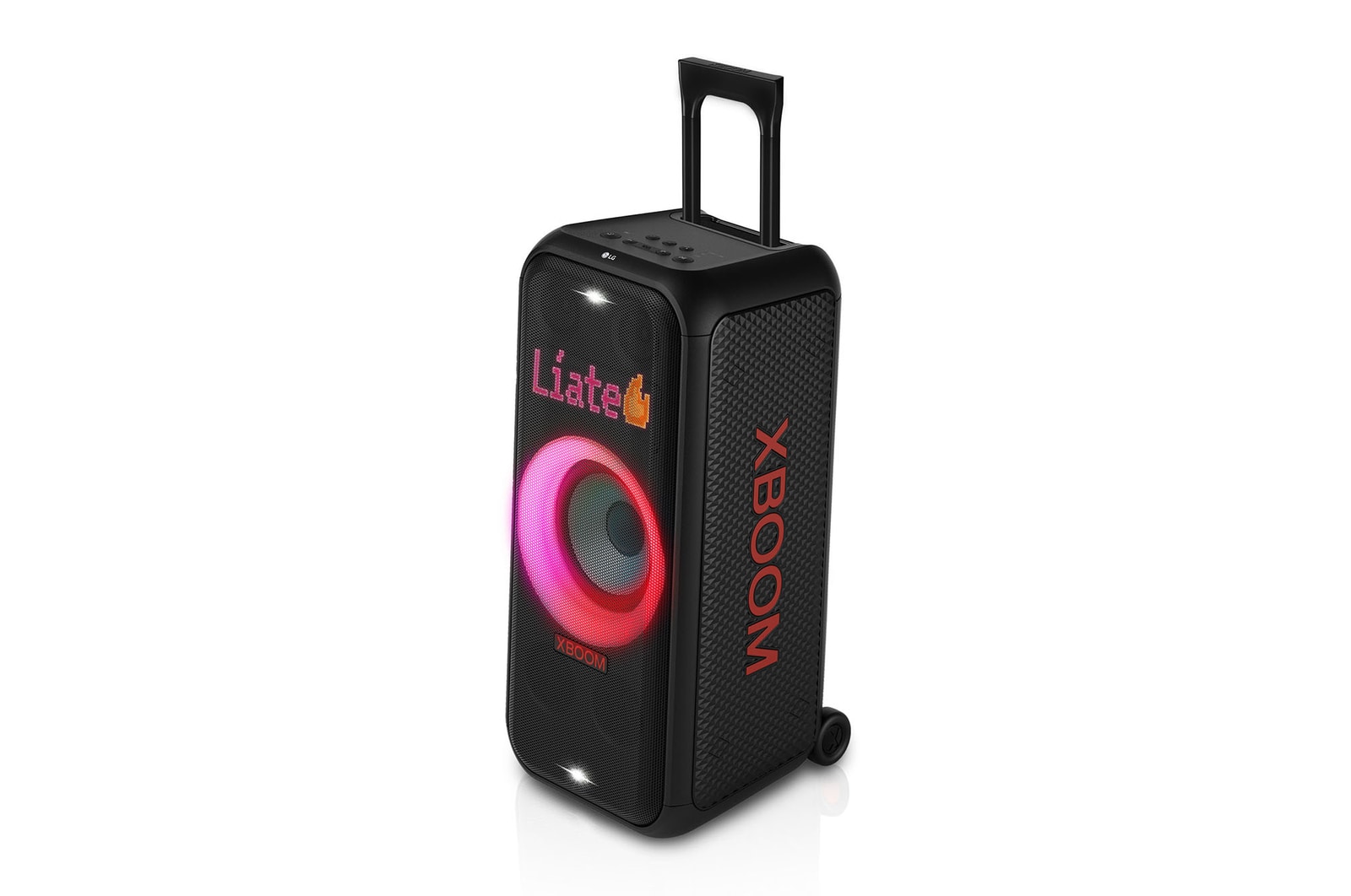 Vista frontale di xboom DXL7T | Party Speaker 250W | Woofer da 8'', Illuminazione dinamica, Karaoke, IPX4, Autonomia 20 ore | Black DXL7T