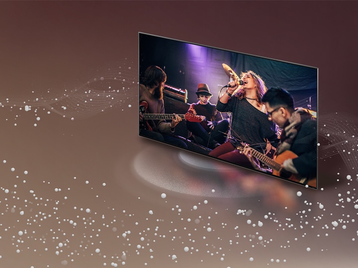 TV LG da cui partono onde e bolle sonore che si diffondono nello spazio circostante.