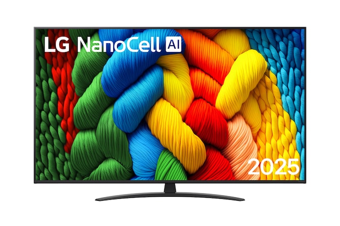Vista frontale di una TV 65 pollici LG NanoCell AI NANO81 4K Smart TV 2025 65NANO81A6A