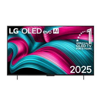 Vista frontale di una Smart TV LG OLED evo AI C5 4K Sullo schermo sono raffigurati i 12 anni di emblema OLED evo numero 1 al mondo e il logo LG OLED evo AI 2025.
