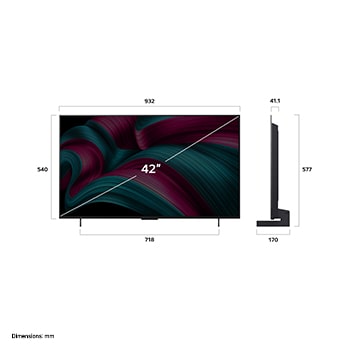 Vista frontale e laterale dello Smart TV LG OLED evo AI C5 4K che mostra le dimensioni di lunghezza, larghezza, altezza e profondità.