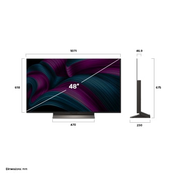 Vista frontale e laterale dello Smart TV LG OLED evo AI C5 4K che mostra le dimensioni di lunghezza, larghezza, altezza e profondità.