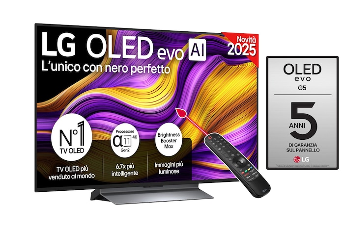 Vista frontale di una TV 48 pollici LG OLED evo AI G5 4K Smart TV 2025 OLED48G56LS