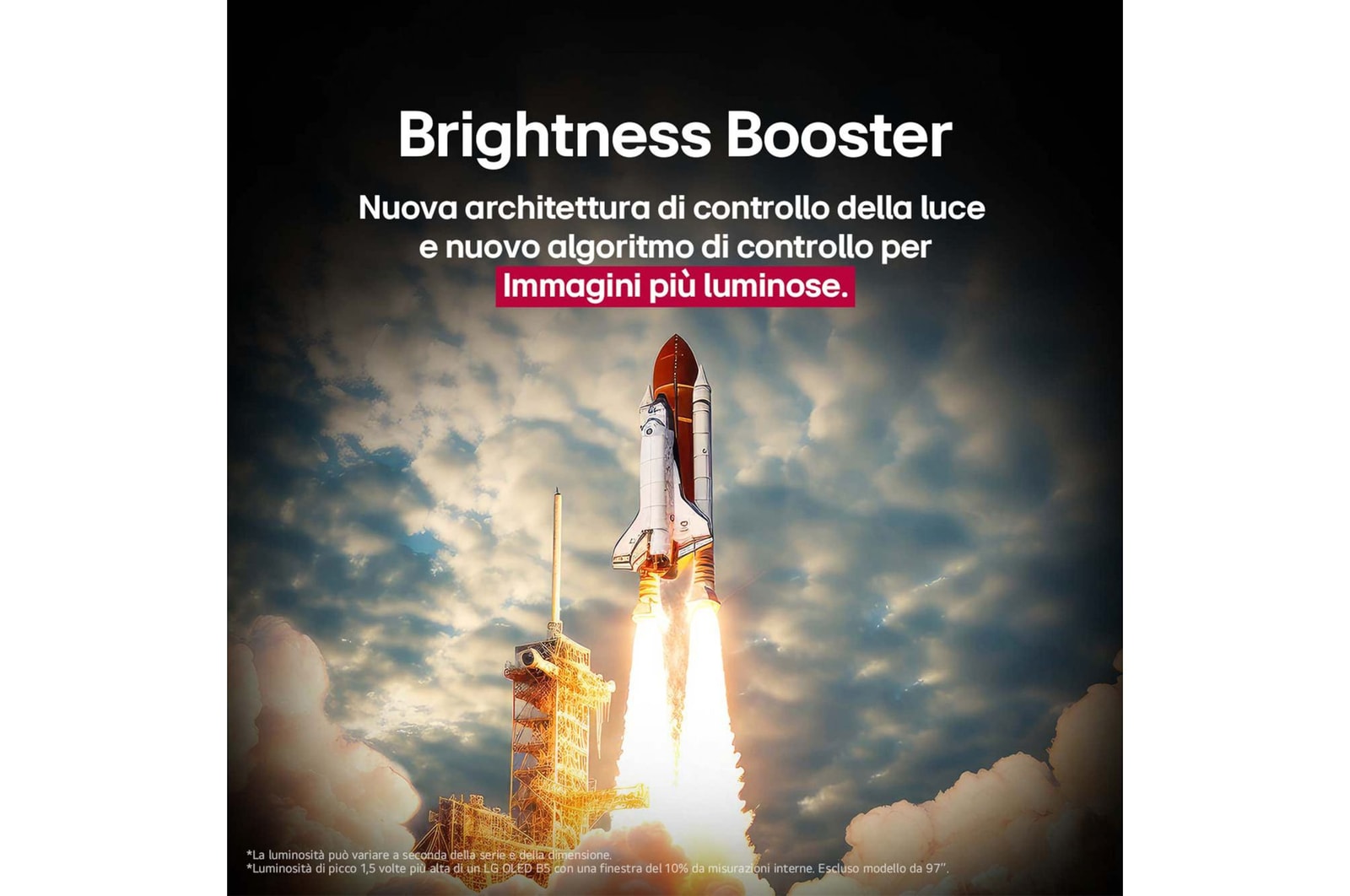 Uno space shuttle in fase di lancio da terra La scena è divisa a metà: una metà è leggermente più scura e opaca, l’altra metà mostra come le immagini dell’esplosione del razzo siano straordinariamente luminose sullo schermo di una LG OLED TV con la struttura di emissione della luce e l’architettura di controllo dell’illuminazione del Brightness Booster Max.