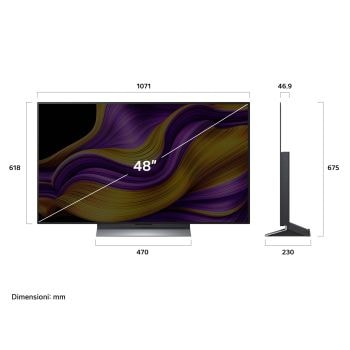 Vista frontale e laterale dello Smart TV LG OLED evo AI G5 4K che mostra le dimensioni di lunghezza, larghezza, altezza e profondità.