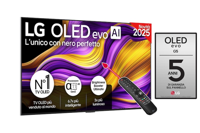 Vista frontale di una TV 83 pollici LG OLED evo AI G5 4K Smart TV 2025 OLED83G54LW