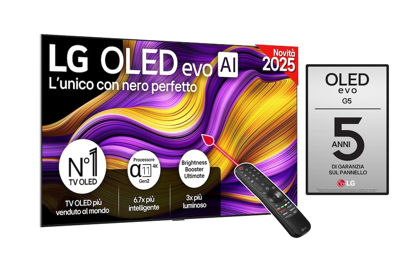 Vista frontale di TV 83 pollici LG OLED evo AI G5 4K Smart TV 2025 OLED83G55LW