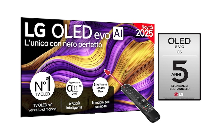 Vista frontale di una TV 97 pollici LG OLED evo AI G5 4K Smart TV 2025 OLED97G54LW