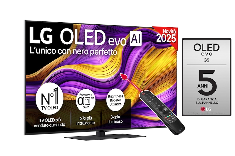 Vista frontale di TV 55 pollici LG OLED evo AI G5 4K Smart TV 2025 OLED55G56LS