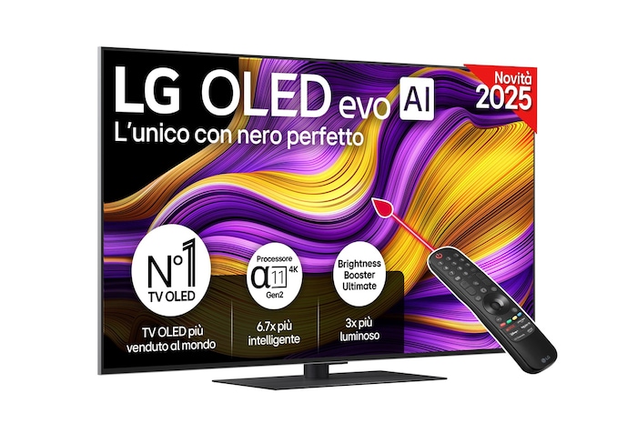Vista frontale di una TV 55 pollici LG OLED evo AI G5 4K Smart TV 2025 OLED55G56LS