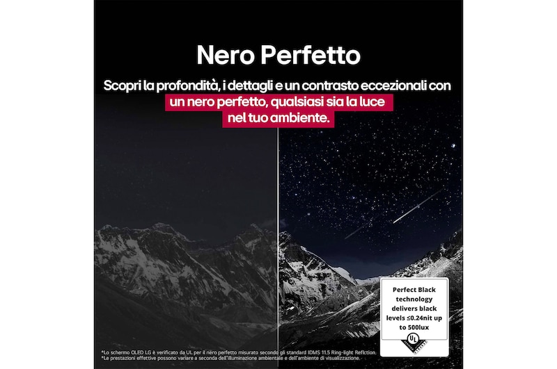 Salotto con LG OLED TV a parete. Sul televisore si vede una catena montuosa in un cielo scuro e pieno di stelle. Questa scena è divisa a metà per mostrare come il Nero perfetto offra livelli di nero reali, sia in ambienti luminosi sia in quelli bui. Un lato della scena mostra una versione più opaca e grigia del panorama, etichettato schermo Opaco. L’altro lato un’immagine più gradevole con una gamma dinamica più ampia di neri e bianchi. Questo schermo viene etichettato come Nero perfetto. Anche la certificazione del logo è visibile, la tecnologia Nero perfetto offre livelli di nero inferiori o uguali a 0,24 nit fino a 500 lux. Al suo fianco compare un fumetto che riporta il testo seguente: controlla il marchio di certificazione del Nero perfetto.