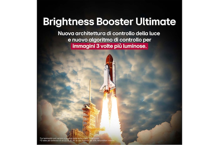 Uno space shuttle in fase di lancio da terra La scena è divisa a metà: una metà è leggermente più scura e opaca, l’altra metà mostra come le immagini dell’esplosione del razzo siano straordinariamente luminosa sullo schermo di una LG OLED TV con la struttura di emissione della luce e l’architettura di controllo dell’illuminazione dell’ottimo Brightness Booster.