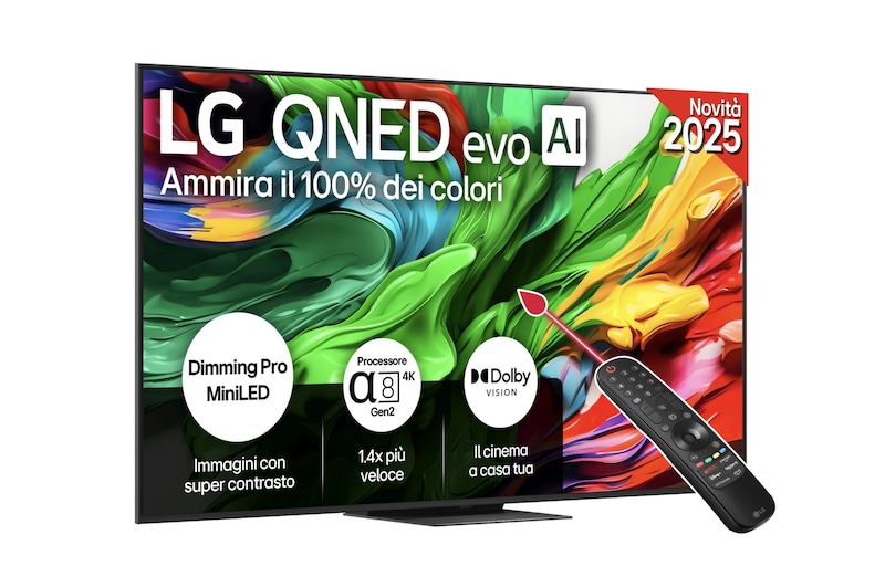 Vista frontale di una TV 75 pollici LG QNED evo AI QNED86 MiniLED 4K Smart TV 2025 75QNED86A6A