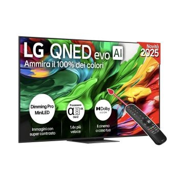 Vista frontale di una TV 75 pollici LG QNED evo AI QNED86 MiniLED 4K Smart TV 2025 75QNED86A6A