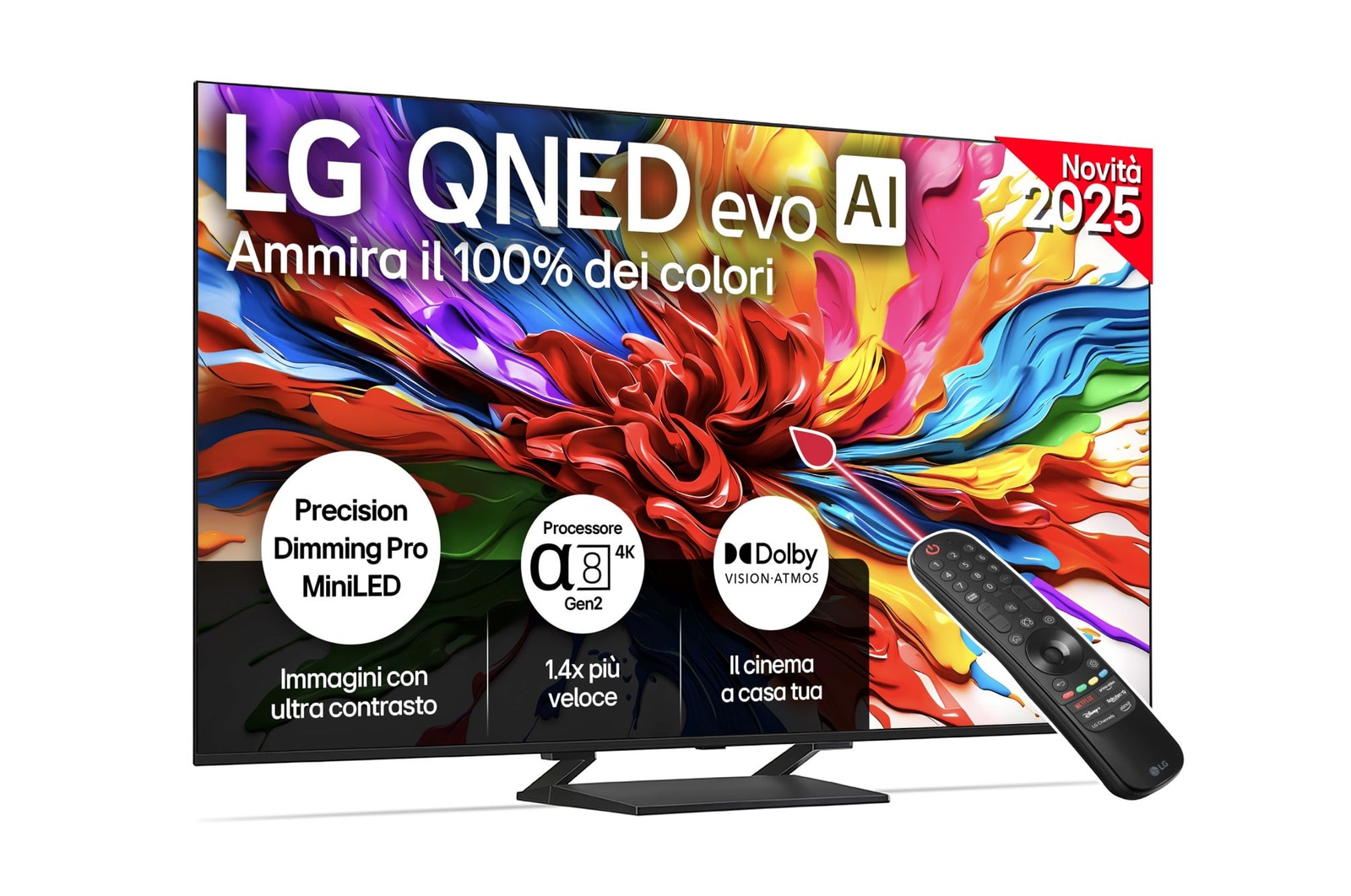 Vista frontale di una TV 75 pollici LG QNED evo AI QNED93 MiniLED 4K Smart TV 2025 75QNED93A6A