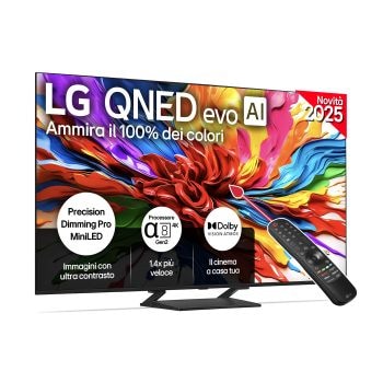 Vista frontale di una TV 75 pollici LG QNED evo AI QNED93 MiniLED 4K Smart TV 2025 75QNED93A6A