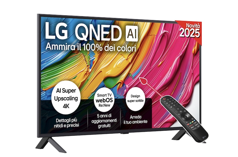 Vista frontale di una TV 43 pollici LG QNED AI QNED80 4K Smart TV 2025 43QNED80A6A