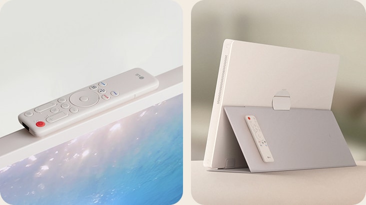 Due immagini di LG StanbyME 2 con telecomando magnetico: una con telecomando sopra il dispositivo, l’altra con telecomando sul retro
