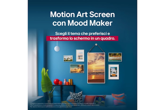 LG StanbyME 2 appeso alla parete con Motion Art Screen attivo. La funzione Mood Maker mostra un'opera d'arte, evidenziando come il dispositivo possa arricchire lo spazio con stile.