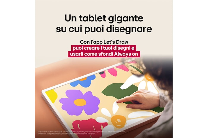 LG StanbyME 2 su un tavolo con la funzione Let's Draw attiva. Una persona disegna con il dito sul touchscreen. Il testo parla dell'uso creativo dello schermo come tela digitale e della funzione Always On Display.