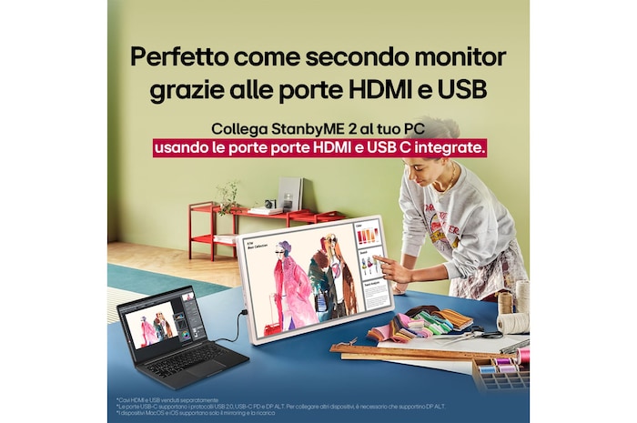 LG StanbyME 2 con una mano che interagisce con il touchscreen. Il testo sottolinea la facilità di connessione con altri dispositivi.