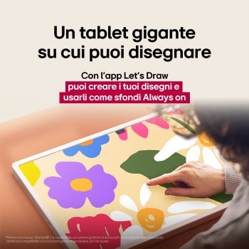 LG StanbyME 2 su un tavolo con la funzione Let's Draw attiva. Una persona disegna con il dito sul touchscreen. Il testo parla dell'uso creativo dello schermo come tela digitale e della funzione Always On Display.