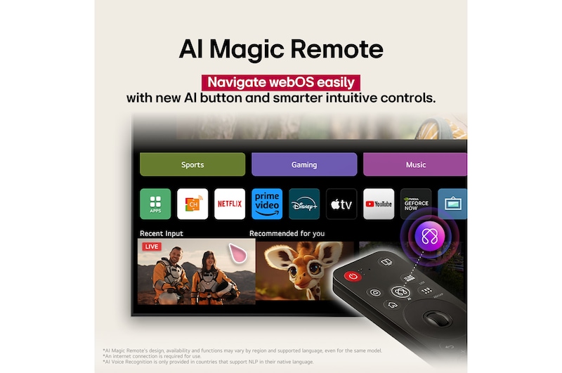 Dálkový ovladač LG AI Magic Remote se zvýrazněným tlačítkem AI. Kolem jsou zobrazeny různé funkce, ke kterým má uživatel přístup pomocí tohoto tlačítka. AI Voice ID, AI Search, AI Chatbot, AI Concierge, AI Picture Wizard, AI Sound Wizard. Text vysvětluje, žeovladač LG AI Magic Remote doplňuje váš zážitek s umělou inteligencí o speciální tlačítko s umělou inteligencí a lze jej používat jako myš. Stačí ukázat a kliknout.