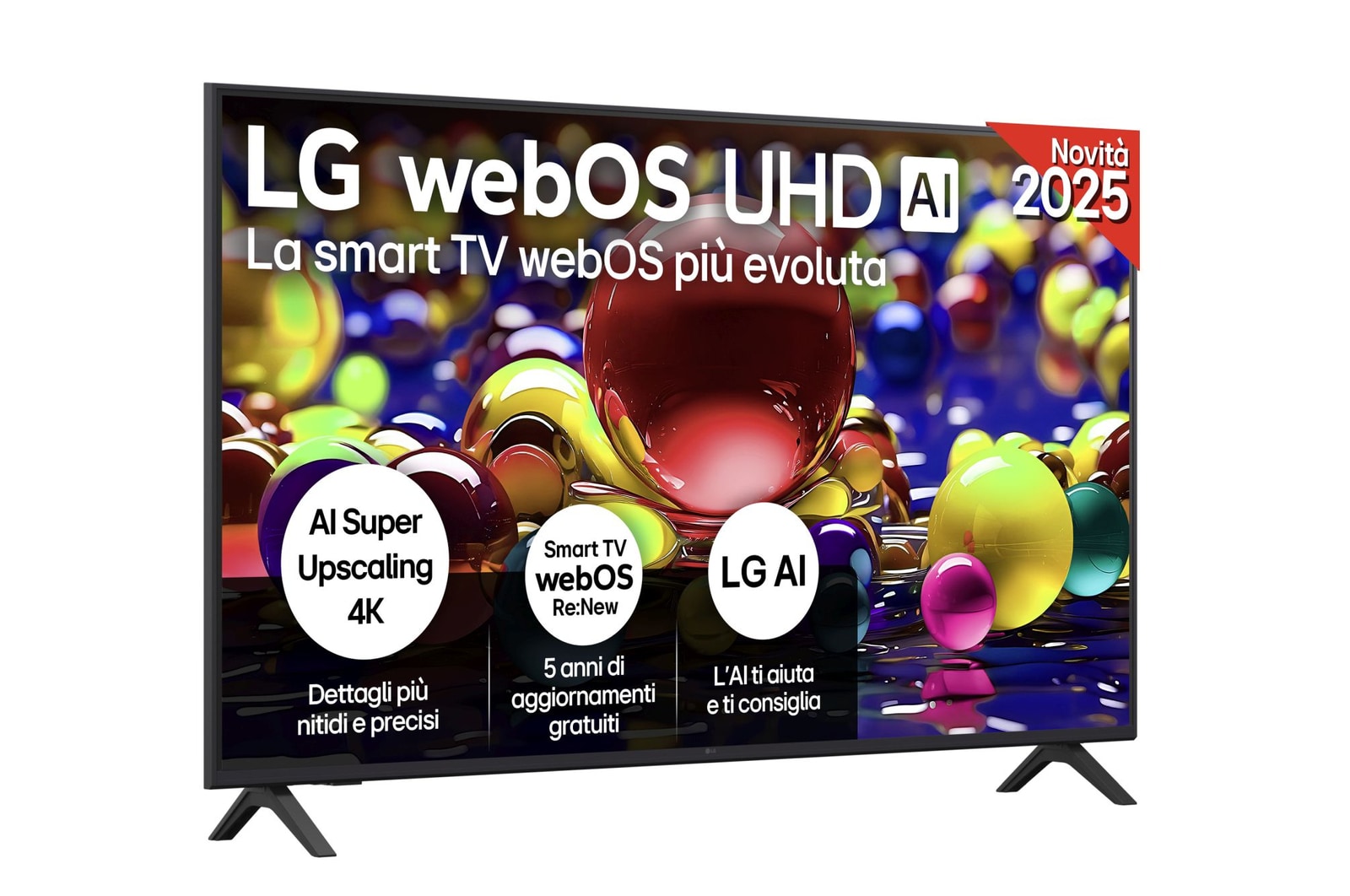 Vista frontale di una TV 55 pollici LG UHD AI UA74 4K Smart TV 2025 55UA74006LB