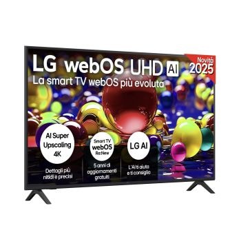 Vista frontale di una TV 55 pollici LG UHD AI UA74 4K Smart TV 2025 55UA74006LB