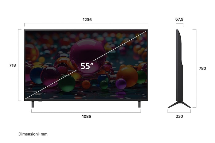 Dimensioni del TV LG 55UA74006LB