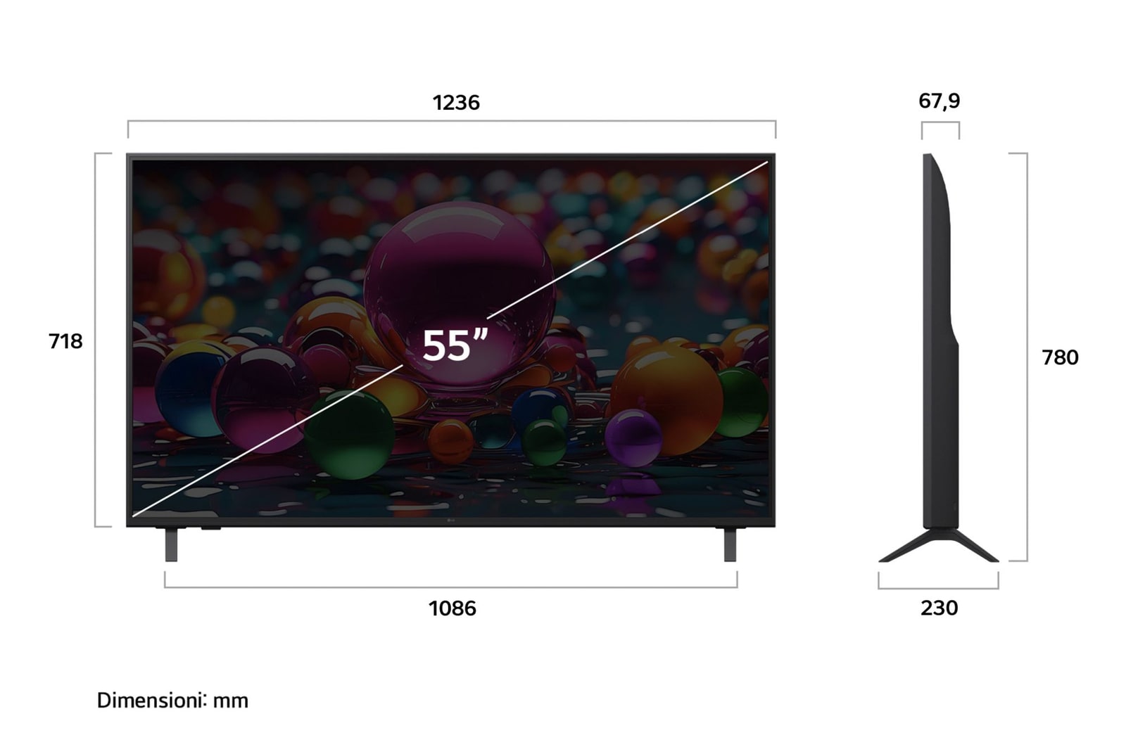 Dimensioni del TV LG 55UA74006LB