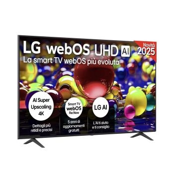 Vista frontale di TV 75 pollici LG webOS UHD AI UA74 4K Smart TV 2025 75UA74006LB