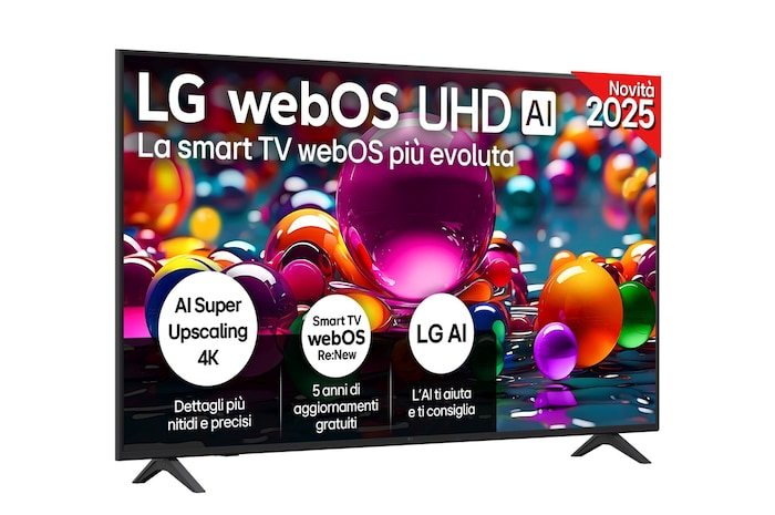 Vista frontale di una TV 65 pollici LG UHD AI UA75 4K Smart TV 2025 65UA75006LA