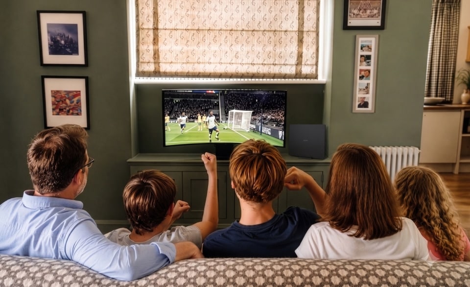 La famiglia Ferguson guarda una partita di calcio insieme su un monitor LG UltraGear nel soggiorno di casa.