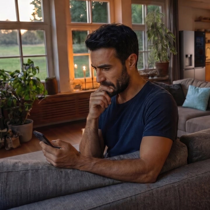 Uomo seduto su un divano che guarda uno smartphone.