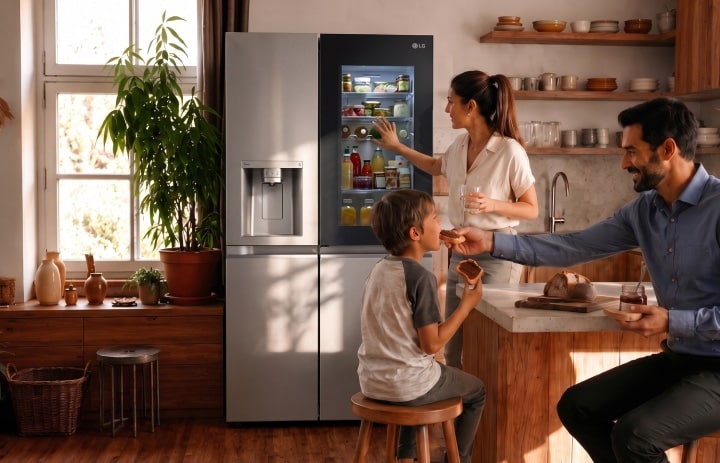 Una famiglia in una cucina moderna e calda, con una donna che prende degli articoli da un frigorifero nero LG mentre un uomo nutre un bambino piccolo all'isola cucina.