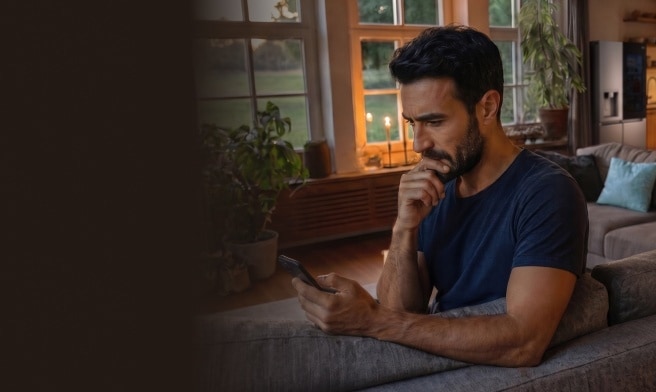 Un uomo osserva gli elettrodomestici LG a basso consumo energetico dal suo smartphone in una casa moderna, con un frigorifero, una lavatrice e un'icona di efficienza energetica.