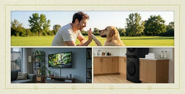 Un uomo trascorre del tempo con il suo cane accanto a scene domestiche accoglienti con una TV LG e una lavatrice integrata in un caldo soggiorno.