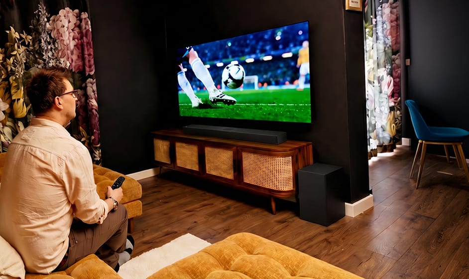 Foto di una TV in soggiorno che mostra una partita di calcio, abbinata a una citazione familiare sul guardare le partite insieme a casa.