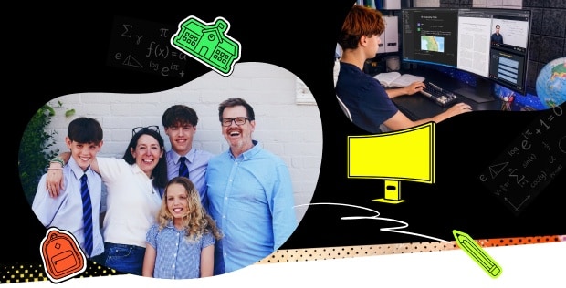 Foto di una famiglia felice con bambini in divisa scolastica e uno studente che studia al monitor.