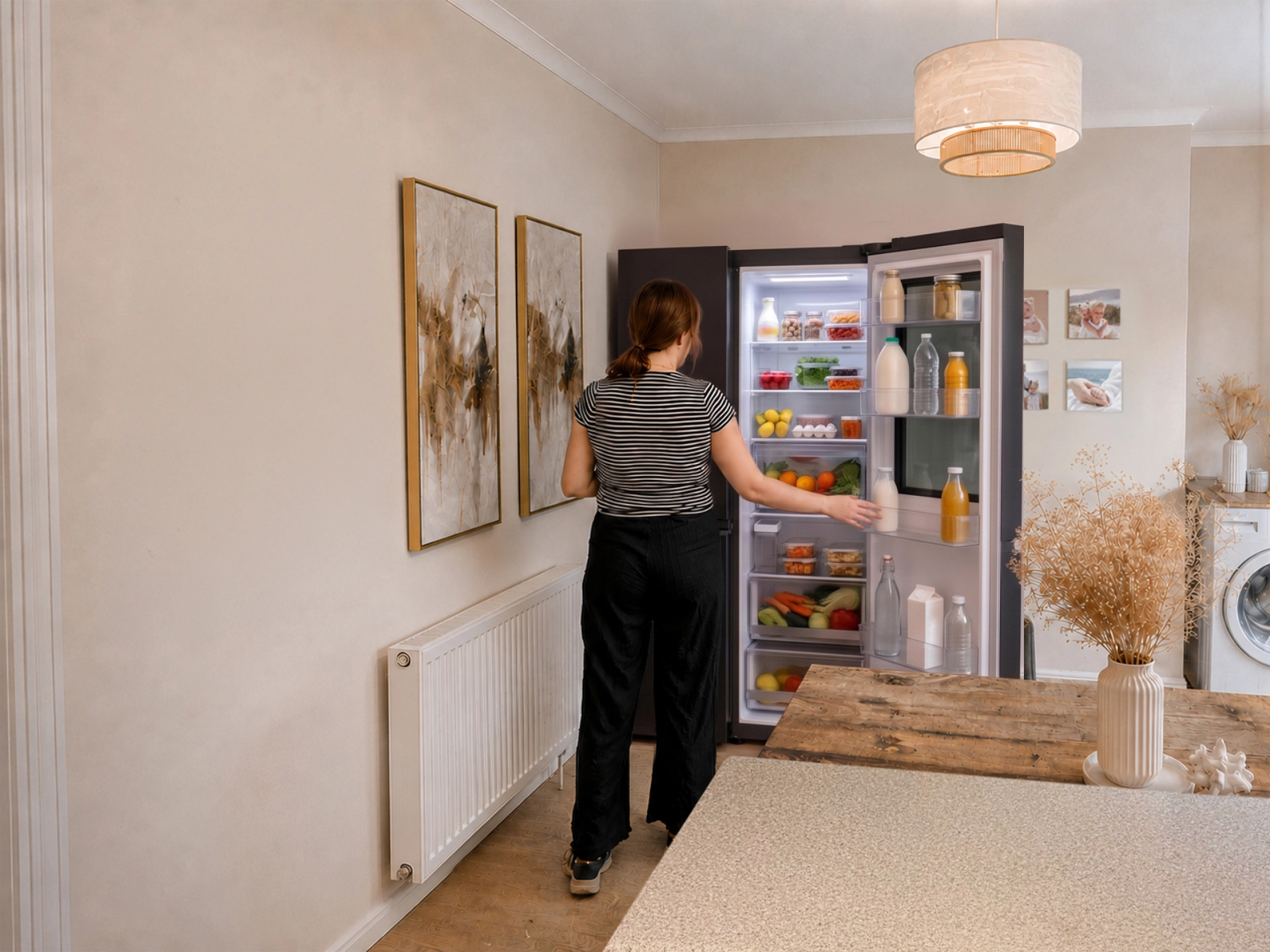 Una madre apre un grande frigorifero in una luminosa zona pranzo e cucina, con cibo fresco e alimentari visibili all'interno.