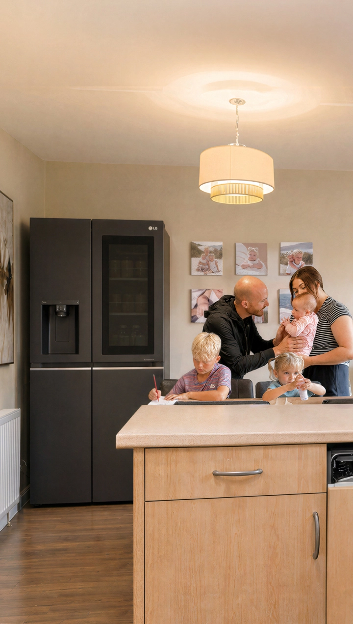 Una famiglia con tre bambini che trascorrono del tempo insieme in una cucina calda e moderna.