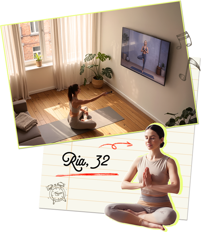 Donna che pratica yoga al mattino in casa seguendo un allenamento in TV.