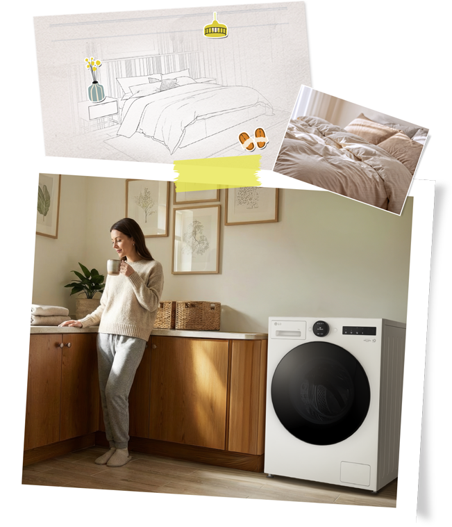 Una donna che rinfresca la biancheria utilizzando una lavatrice LG come parte di una routine del weekend tranquilla.