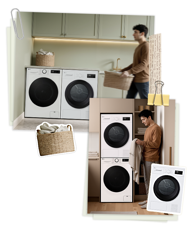 Un’immagine in stile collage di un uomo che prepara il bucato in uno spazio ridotto, con lavatrici e asciugatrici installate sia in verticale sia affiancate.