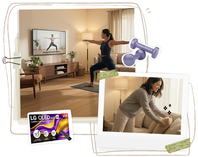 Un’immagine in stile collage che mostra una donna che si allena su un tappetino da yoga, un TV che riproduce un video di allenamento e adesivi a tema fitness.