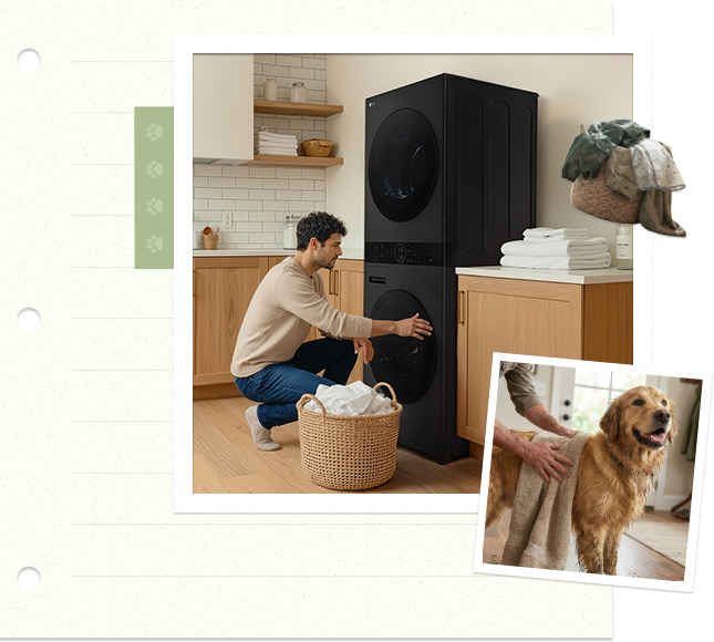 Uomo che carica il bucato in una lavatrice mentre un golden retriever è accanto a lui in un interno domestico caldo e accogliente.